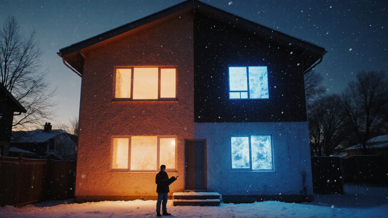 Haus mit unterschiedlicher Dämmung: eine Seite wärmegefüllt, andere Seite kalt mit Wärmeverlust, Abendlicht.