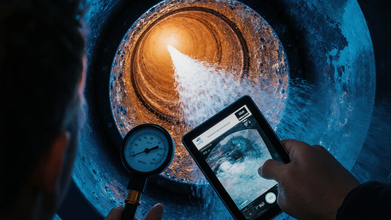 Hochdruckreinigung entfernt Kalk und Schmutz aus einem Rohr, während eine Kamera das Innere überwacht.