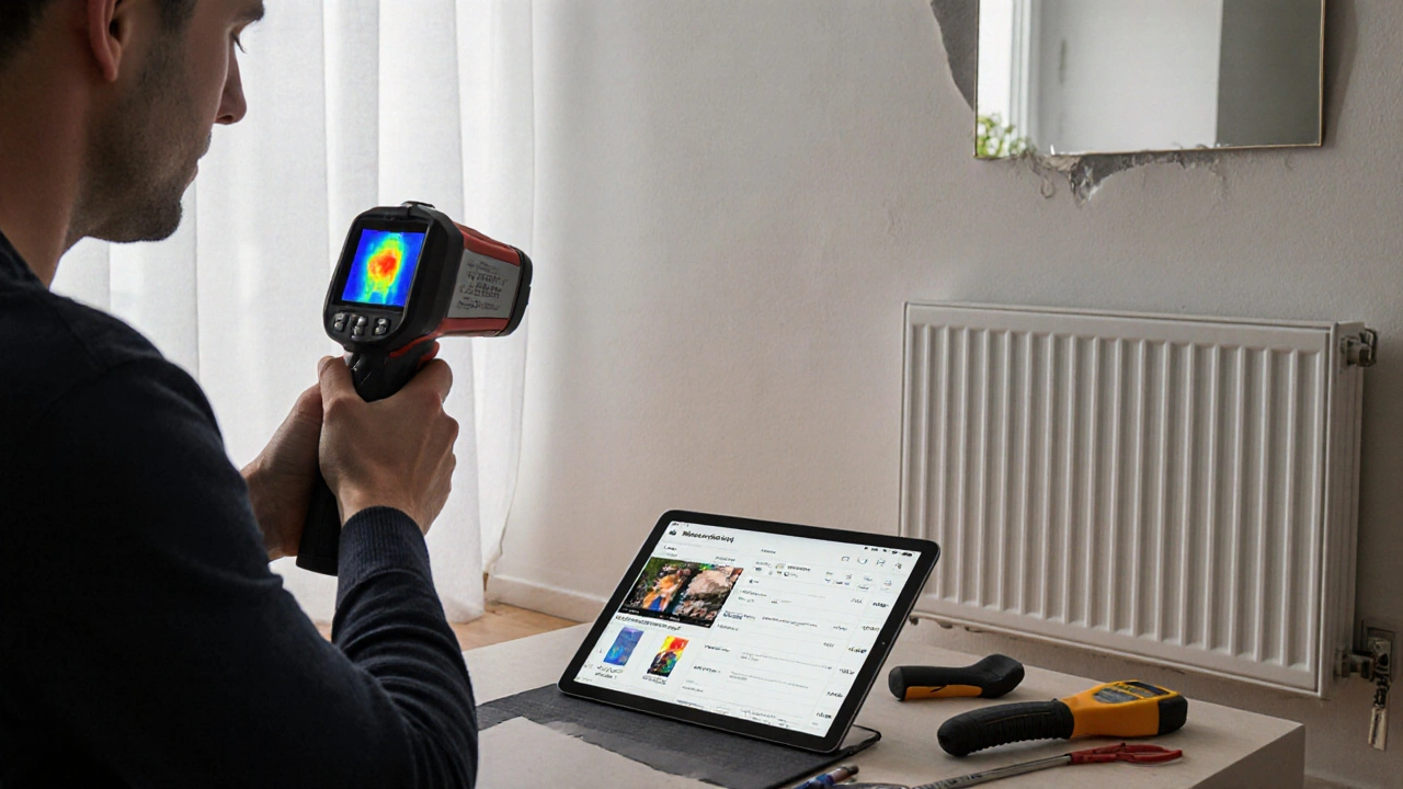 Inspector using an infrared camera to detect hidden moisture behind a radiator in a new apartment.
