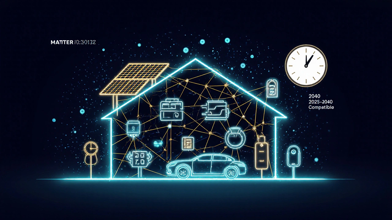 Künstlerische Darstellung eines KI-gesteuerten Smart-Home-Netzwerks mit Energiequellen und Geräten.