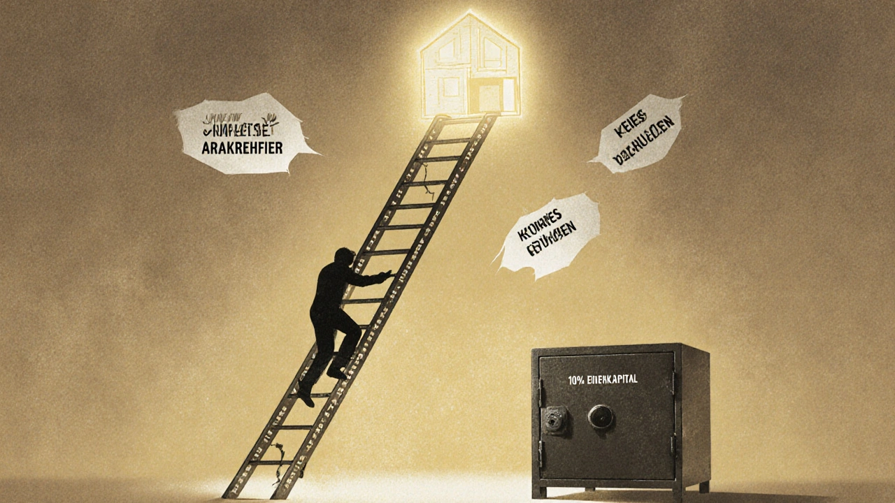 Leiter aus Ratensteigen, abgebrochene Sprossen, sichere Geldkassette mit 10% Eigenkapital unten, goldenes Licht.