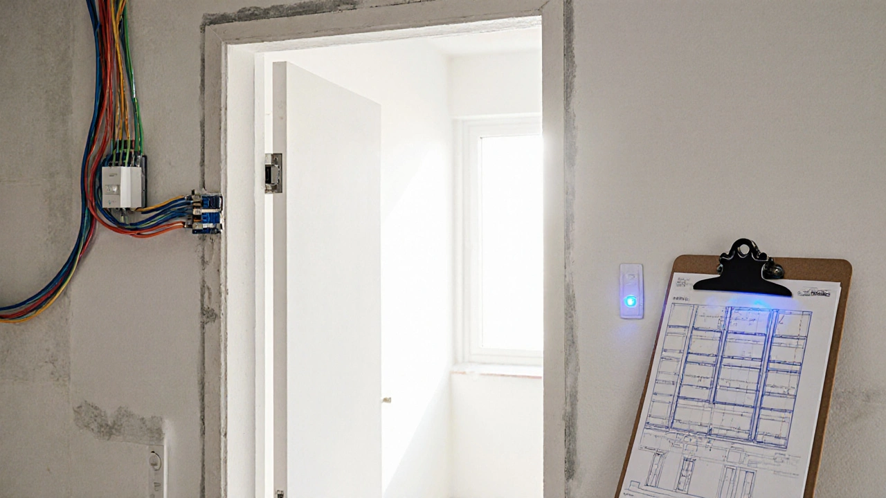 Neubau-Wohnung mit installierten Matter-kompatiblen Kabeln und Netzwerkdosen in der Wand.