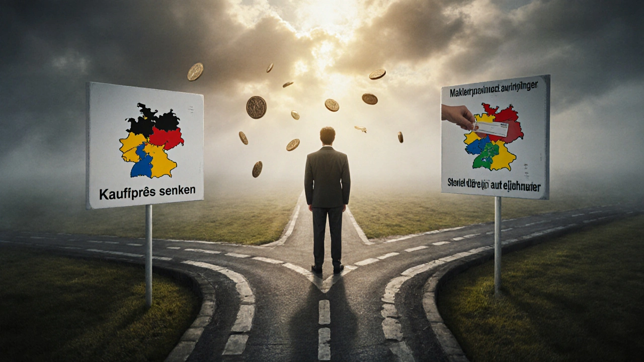 Person an einer Kreuzung mit drei Wegen zur Preisverhandlung bei Immobilienkauf.