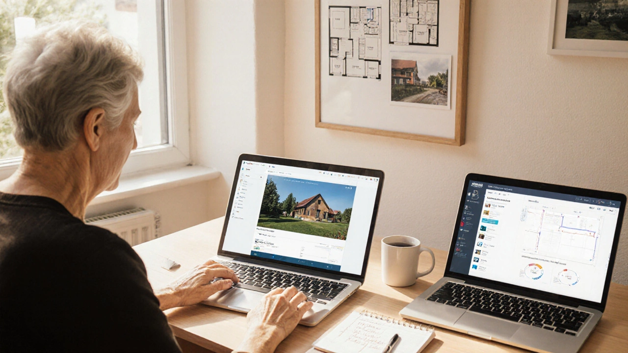 Privatverkäufer in einem Büro, der Immowelt und e1 Plus auf zwei Laptops vergleicht.