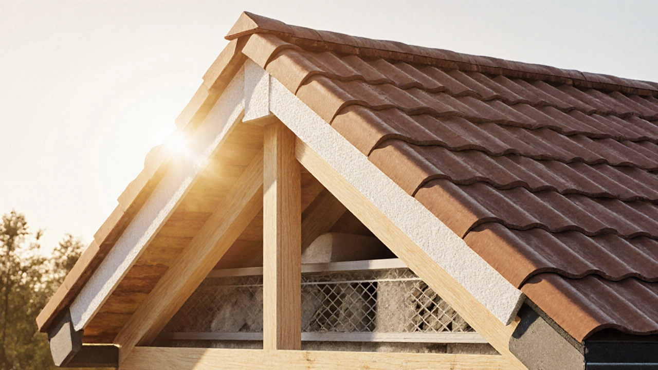 Querschnitt eines Daches mit Aufsparrendämmung, Luftschicht und Dachziegeln oben.