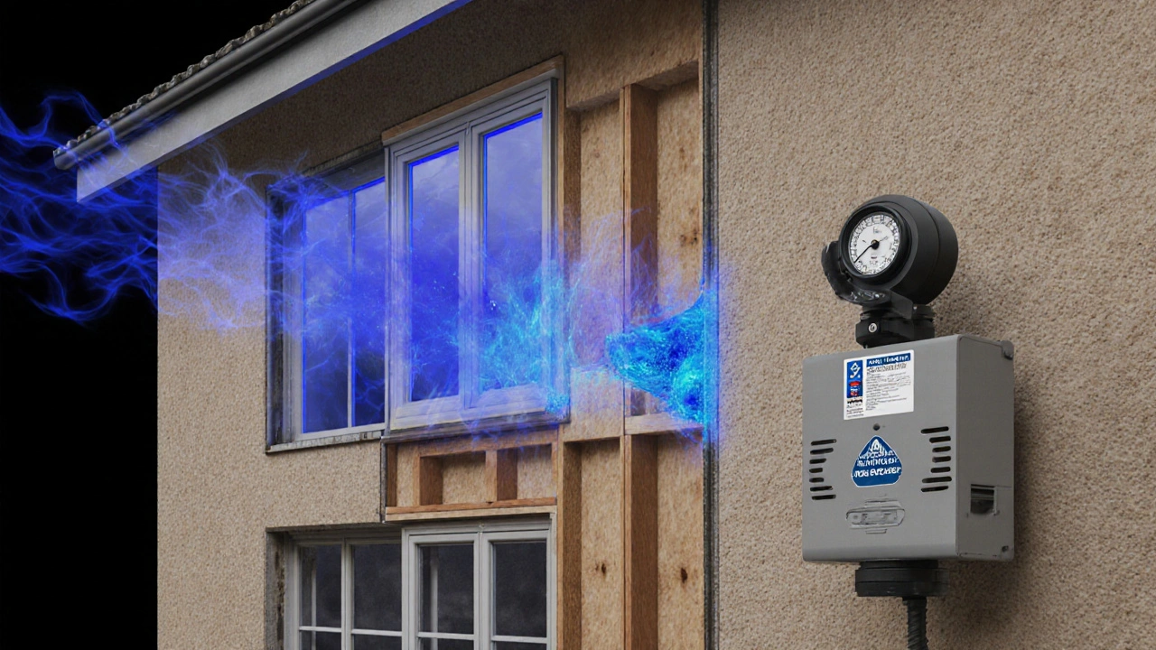 Querschnitt eines Hauses mit sichtbaren Luftlecks an Fenster- und Türanschlüssen.