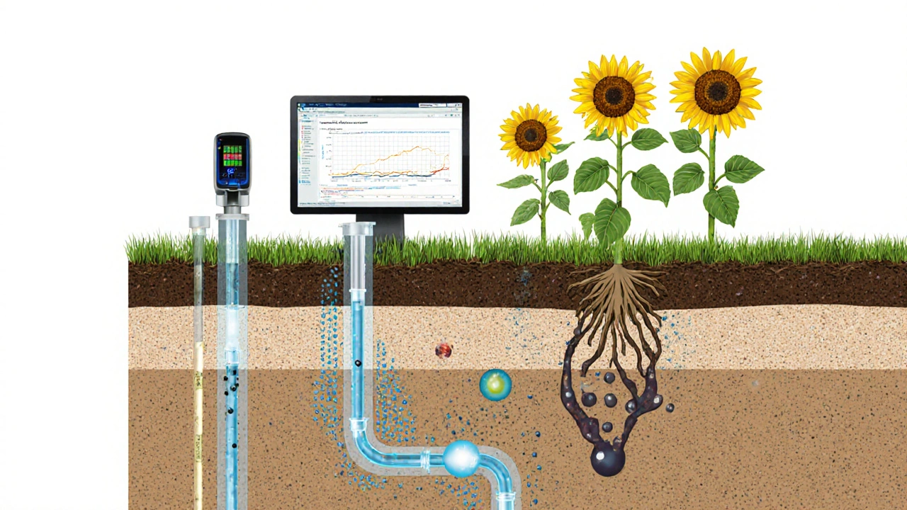 Querschnitt eines kontaminierten Bodens mit biologischer Sanierung durch Mikroben und Luftzufuhr.