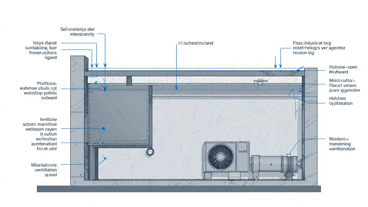 Querschnitt eines richtig gedämmten Kelleraußenwalls mit Abdichtung, Dämmung und diffusionsoffener Putzschicht, technisch präzise dargestellt.