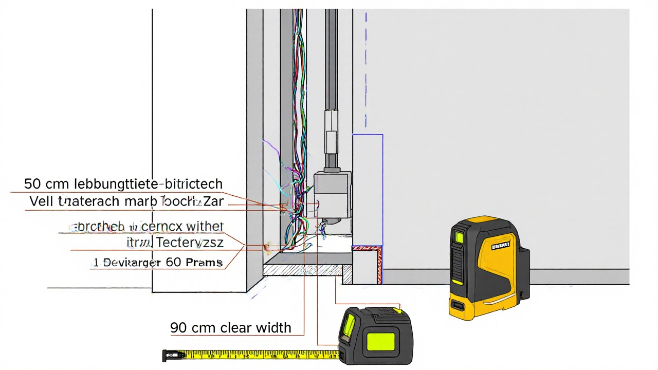 Schnittansicht einer Blockzarge mit genauen Maßen für barrierefreie Türverbreiterung.