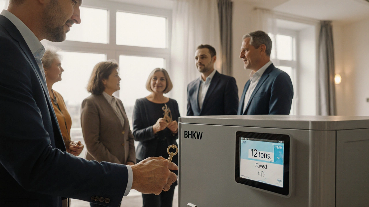 Übergabe einer energieeffizienten Anlage an Mieter und Vermieter, mit Blockheizkraftwerk im Hintergrund und CO2-Einsparanzeige.