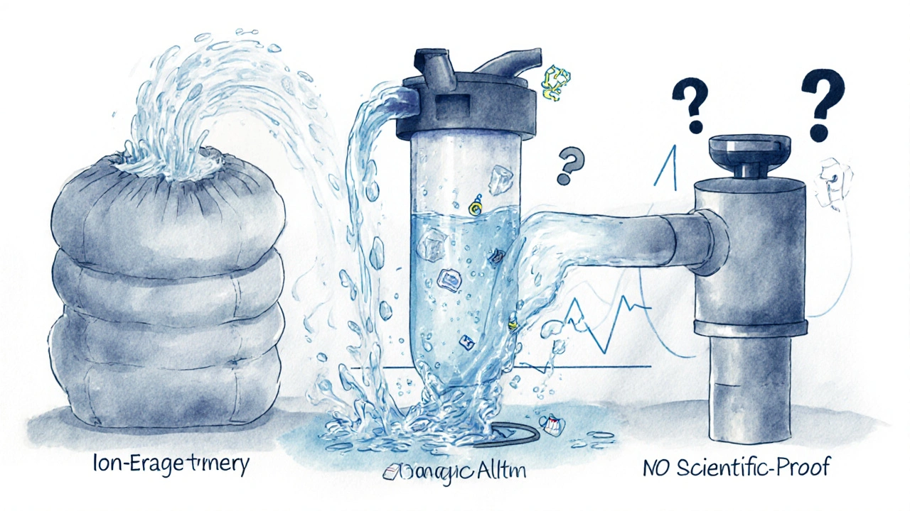 Vergleich der Wasserenthärtungsmethoden: Salzsystem mit Abwasser, Evodrop mit Mineralien, Magnetgerät als unwirksam.
