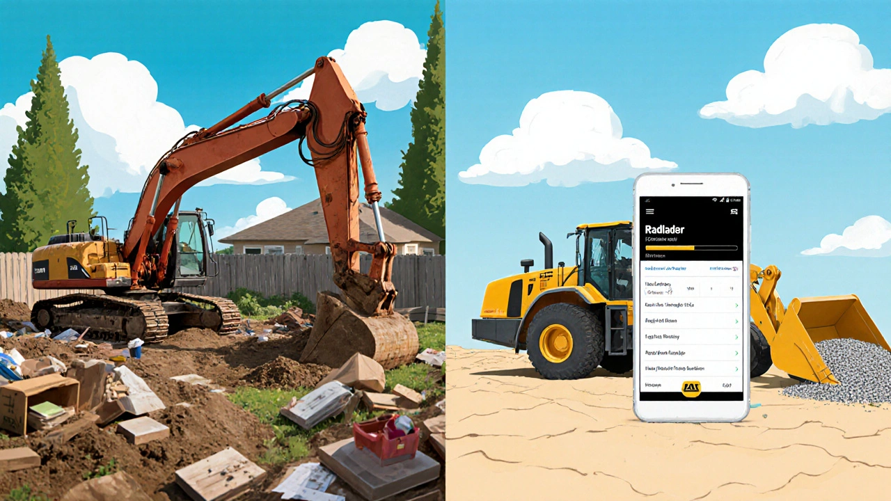 Vergleich: Ein verstaubter gekaufter Bagger im Garten vs. ein gemieteter Radlader in Aktion mit Smartphone-Überwachung.