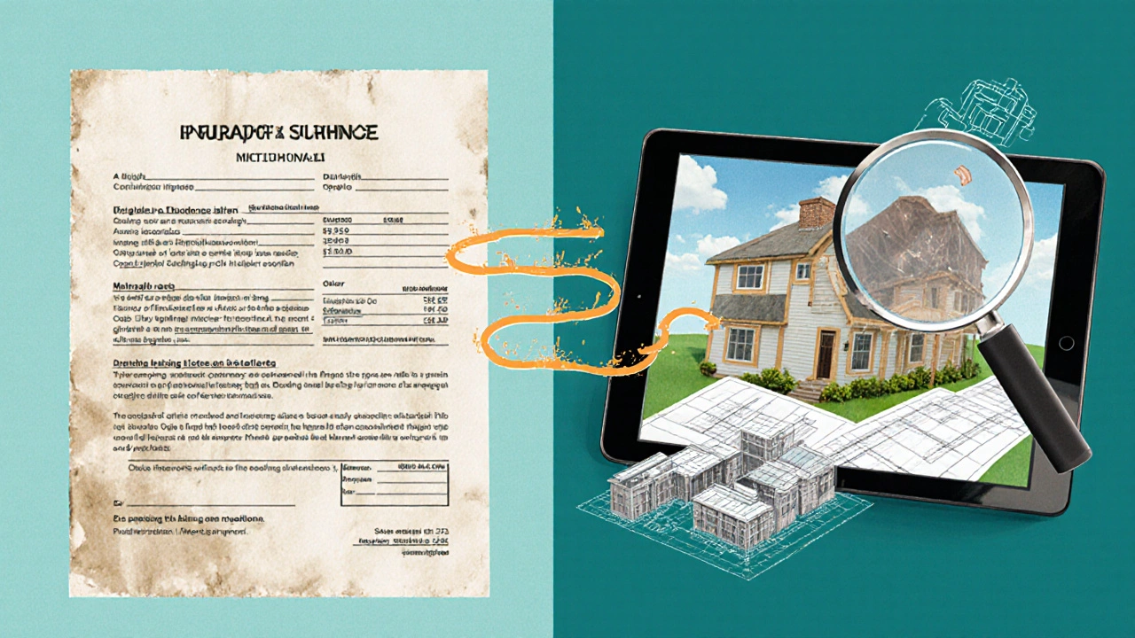 Vergleich von veraltetem Versicherungsschein und digitalem Neubauwert-Modell.