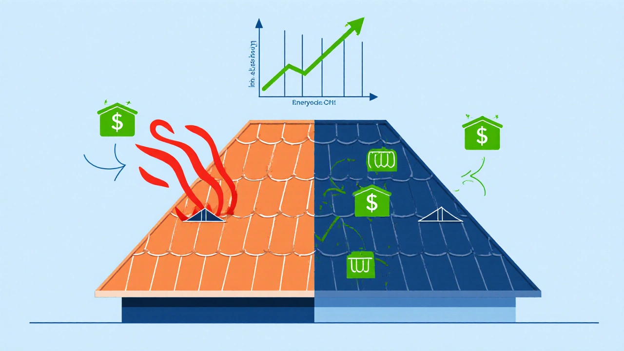 Vergleich: Wärmeverlust durch alte Dämmung links, effiziente Dämmung rechts mit Energiespar-Symbolen.