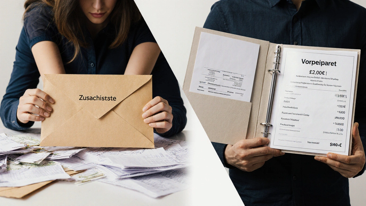 Vergleich zweier Immobilienkäufer: einer mit Chaos und Zusatzkosten, einer mit Ordnung und Einsparungen.