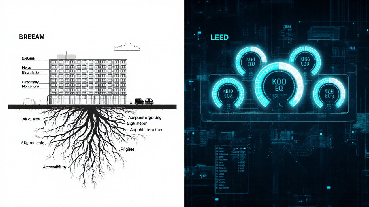 Vergleichende Bauzeichnung: Links BREEAM mit natürlichen Verzweigungen, rechts LEED mit Energiemessgeräten und digitalen Werten.