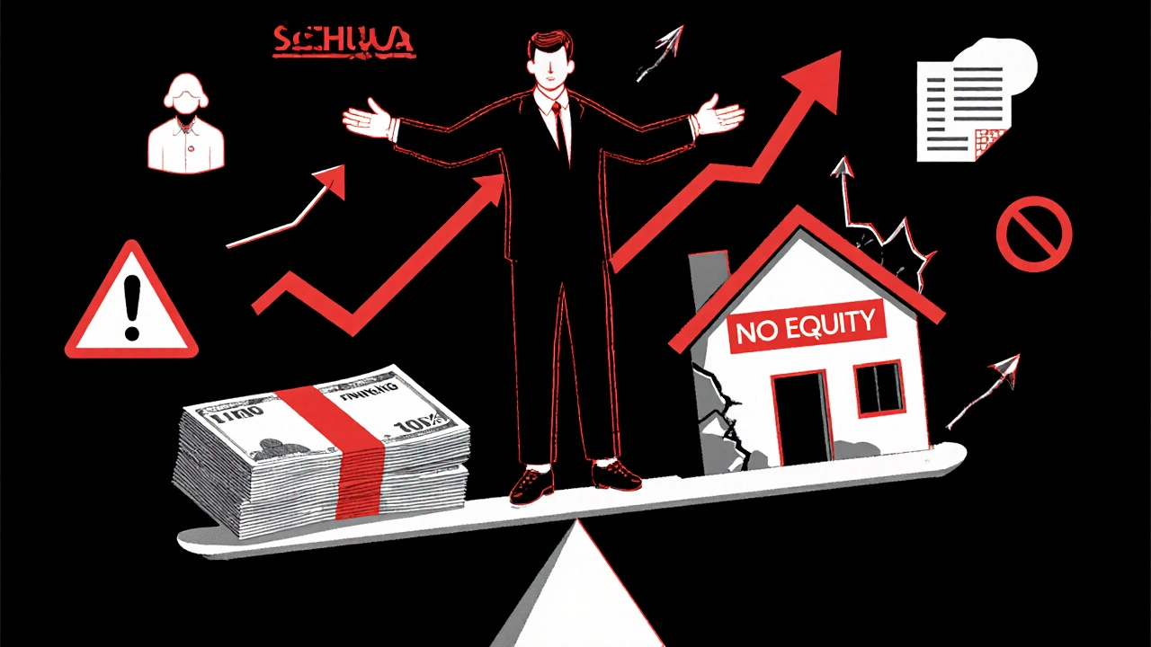 Waage mit 110%-Finanzierung und zerbrechendem Haus, Person an der Kante, Symbole von Jobverlust und SCHUFA.