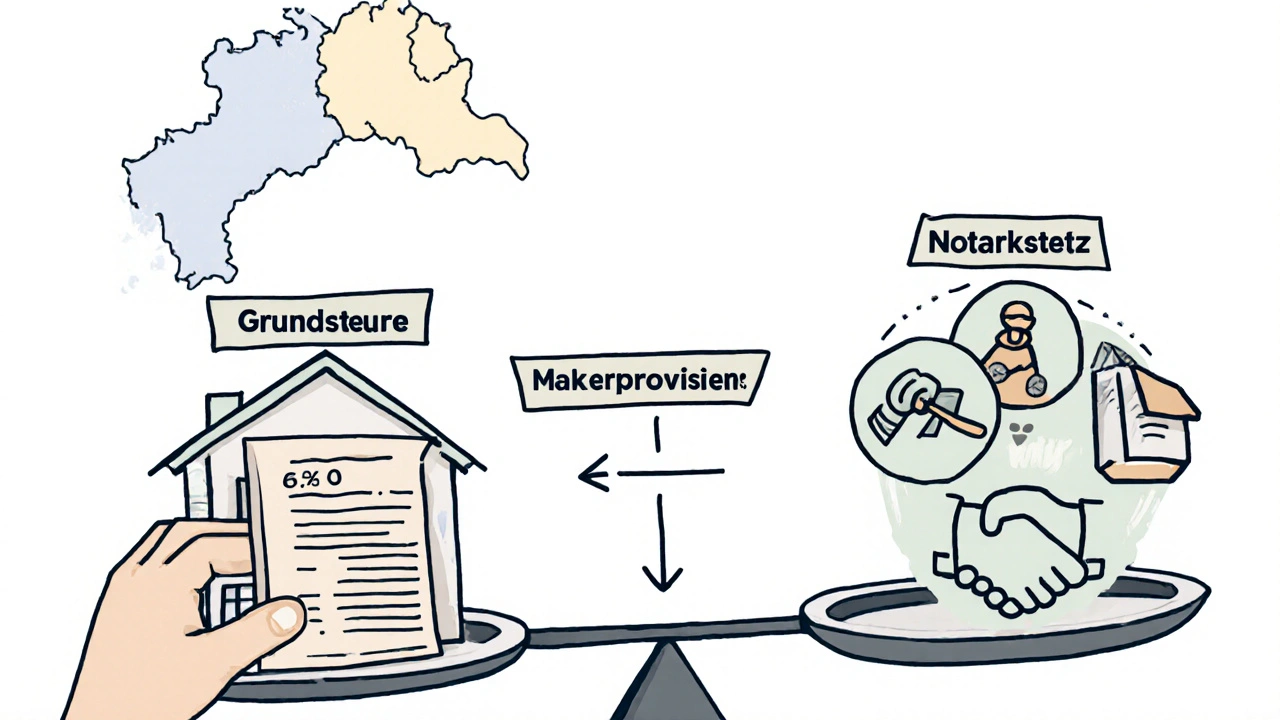 Waage mit Haus und drei Kostenposten: Grunderwerbsteuer, Notarkosten, Maklerprovision.