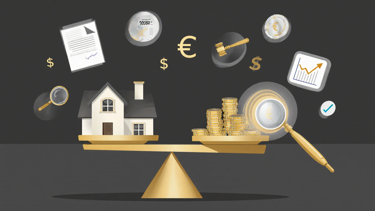 Waage mit Haus und Geld, umgeben von rechtlichen Symbolen für Immobilienstreitigkeiten.