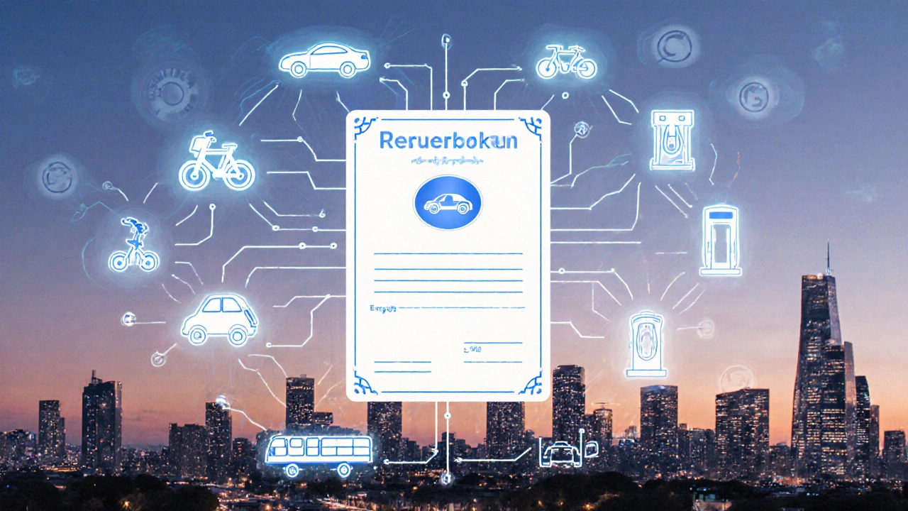 Zukünftiger Mobilitätsnachweis aus Fahrrad, E-Ladestation und ÖPNV-Icon-Netzwerk.