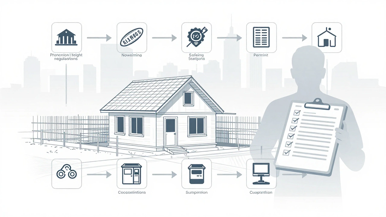 Architektonische Darstellung der rechtlichen Anforderungen für die Baustelleneinrichtung mit Checkliste des Bauherrn.