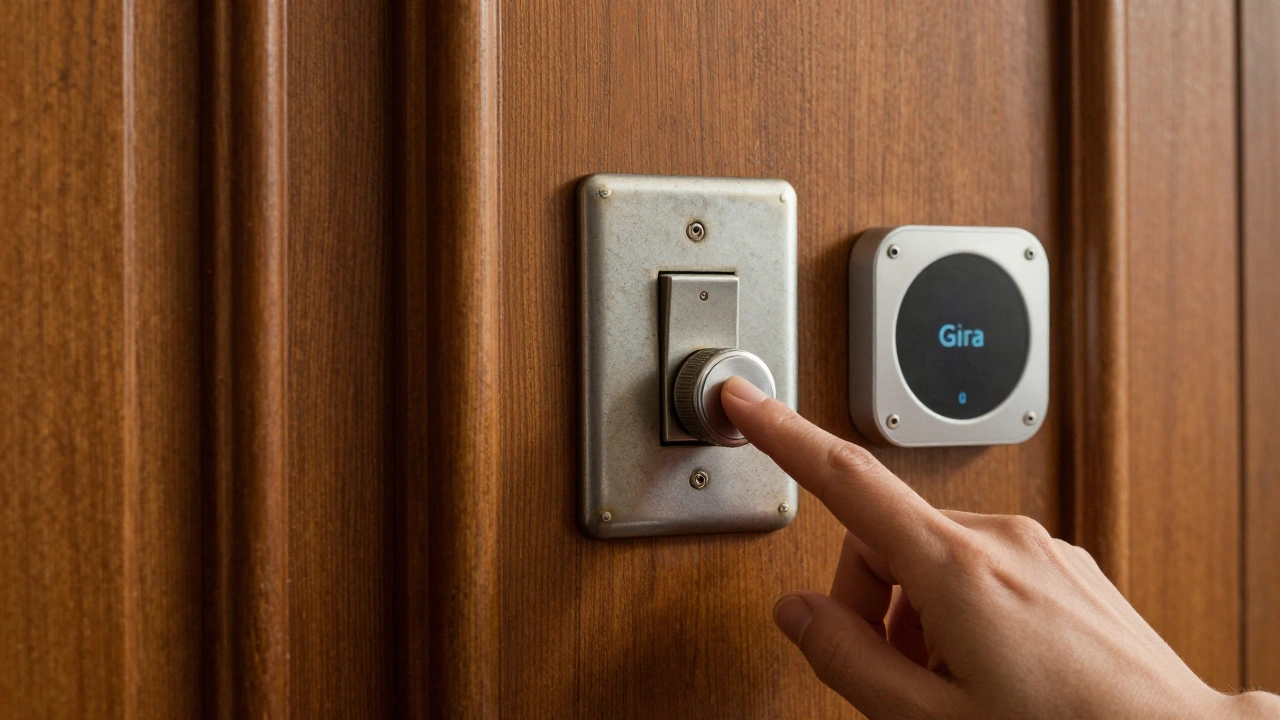 Berker R.classic Schalter in alter Aluminiumoptik neben modernem Smart-Home-Sensor.