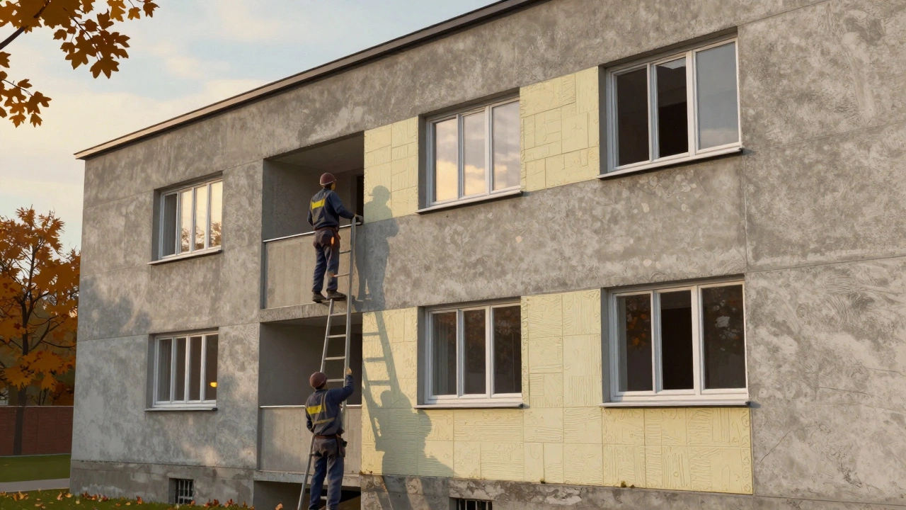 Betonhaus aus den 70ern mit neuem Wärmedämmverbund und Fensteraustausch im Herbstlicht.