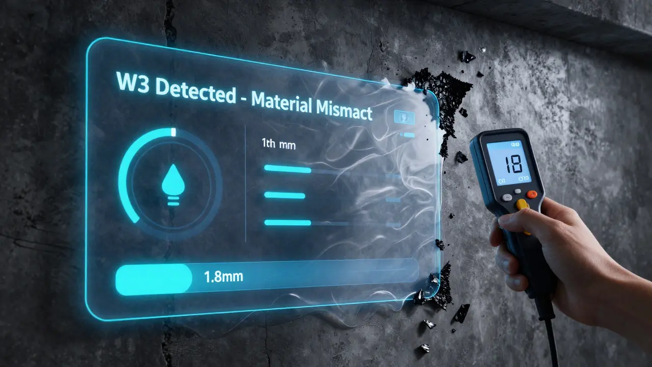Digitale Feuchtigkeitssensor-Anzeige auf einer Kellerwand mit Warnung und korrekter Abdichtung.