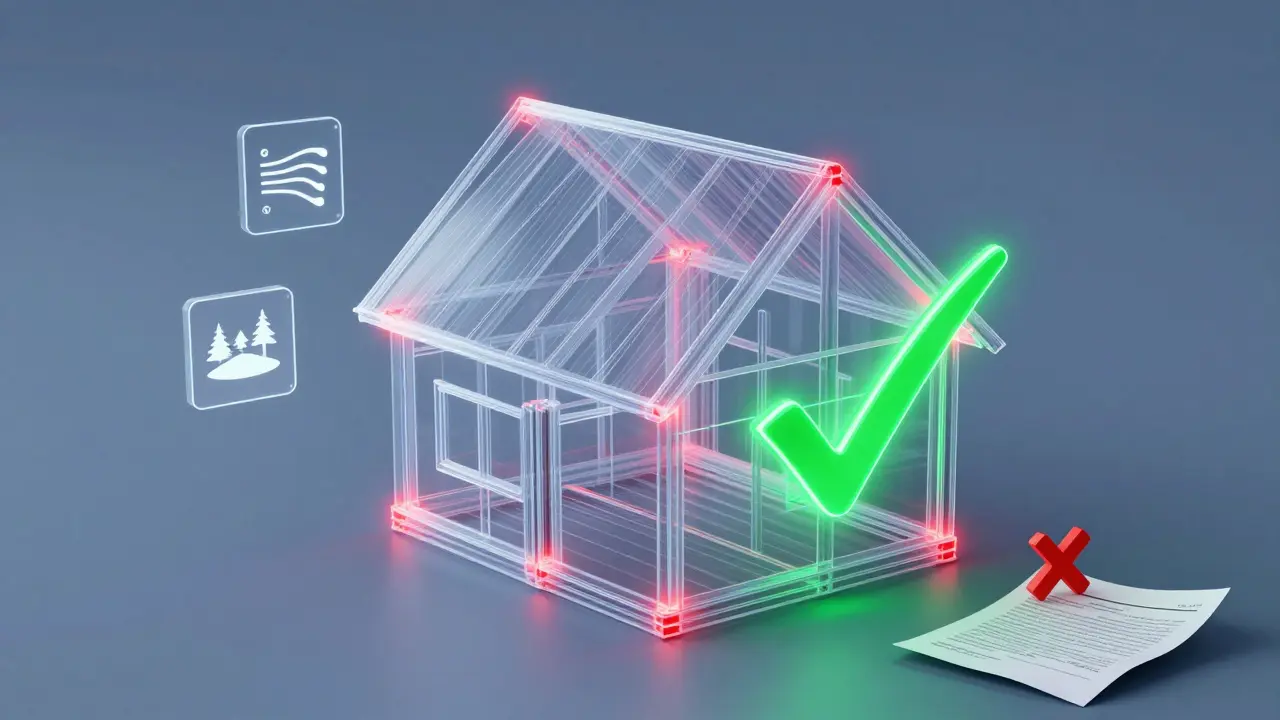 Digitales 3D-Modell eines Hauses mit rot markierten Belastungspunkten und digitaler Sicherheitsüberprüfung.