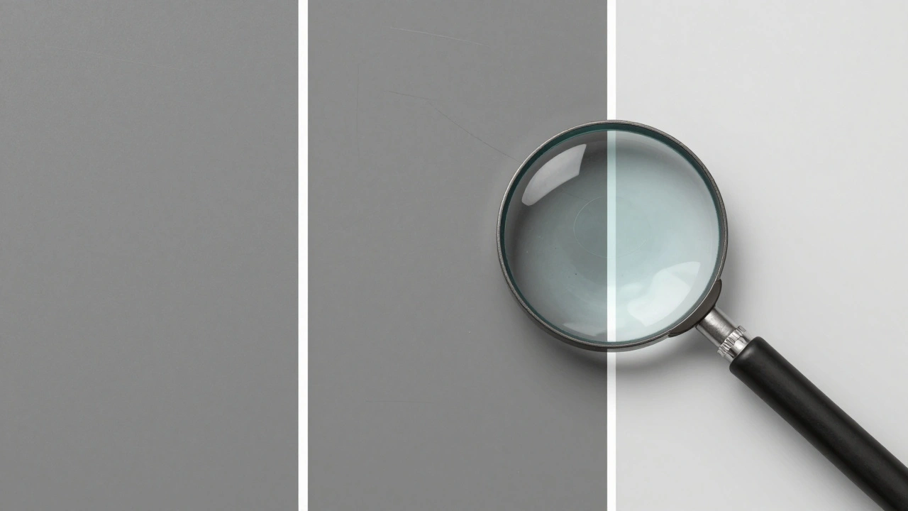 Dreiteilige Wanddarstellung: Matt, Seidenglanz und Hochglanz zeigen unterschiedliche Sichtbarkeit von Fehlern unter Licht.