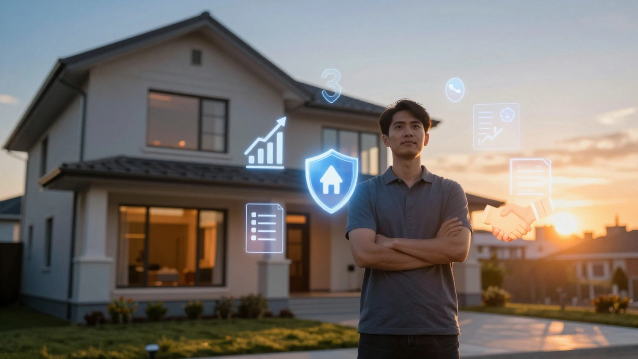 Hausbesitzer neben professionell fotografiertem Haus mit digitalen Verkaufssymbolen