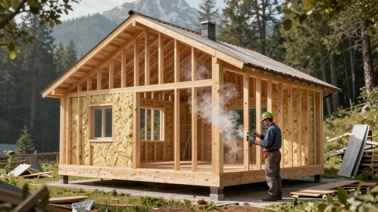 Holzhaus im Querschnitt mit spezieller Innendämmung und Feuchtigkeitsmessgerät.