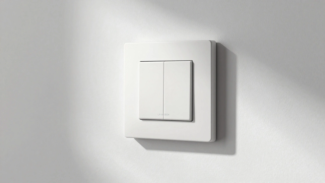 JUNG LS-DESIGN Schalter mit Schattenfuge an weißer Wand, wirkt wie ein Lichtphänomen.