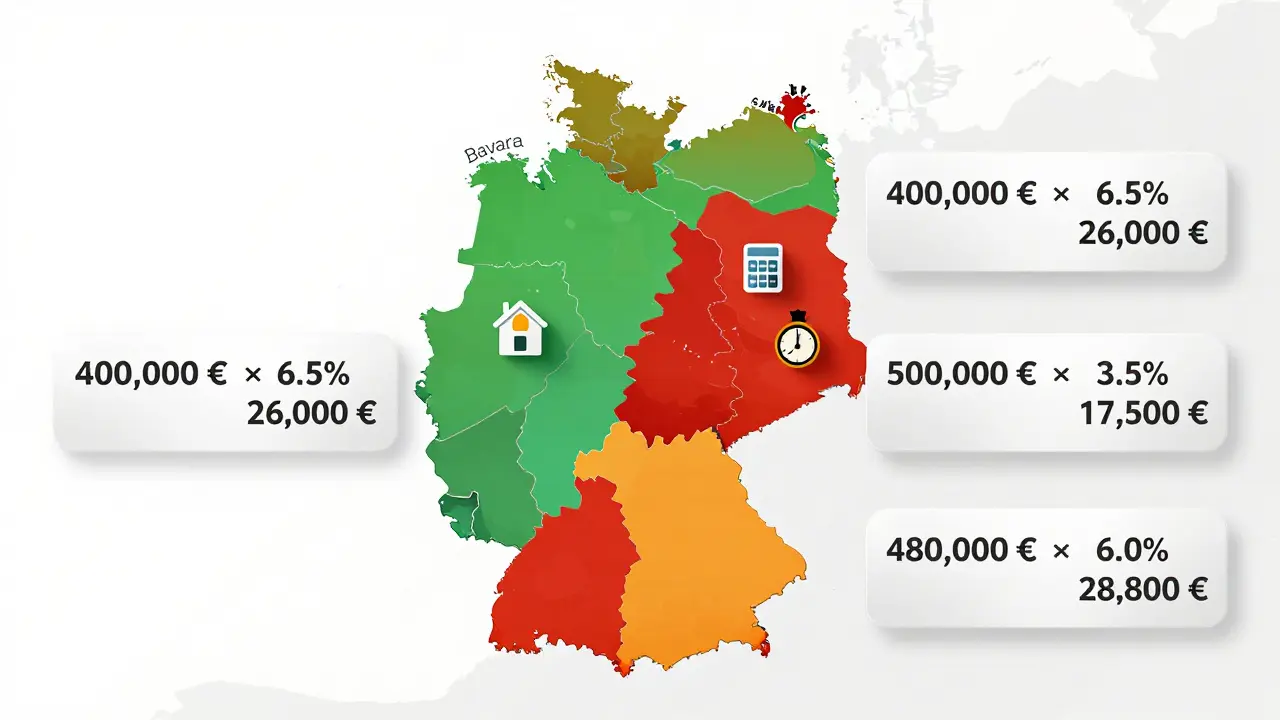 Karte Deutschlands mit farblich gekennzeichneten Grunderwerbsteuersätzen in den Bundesländern.
