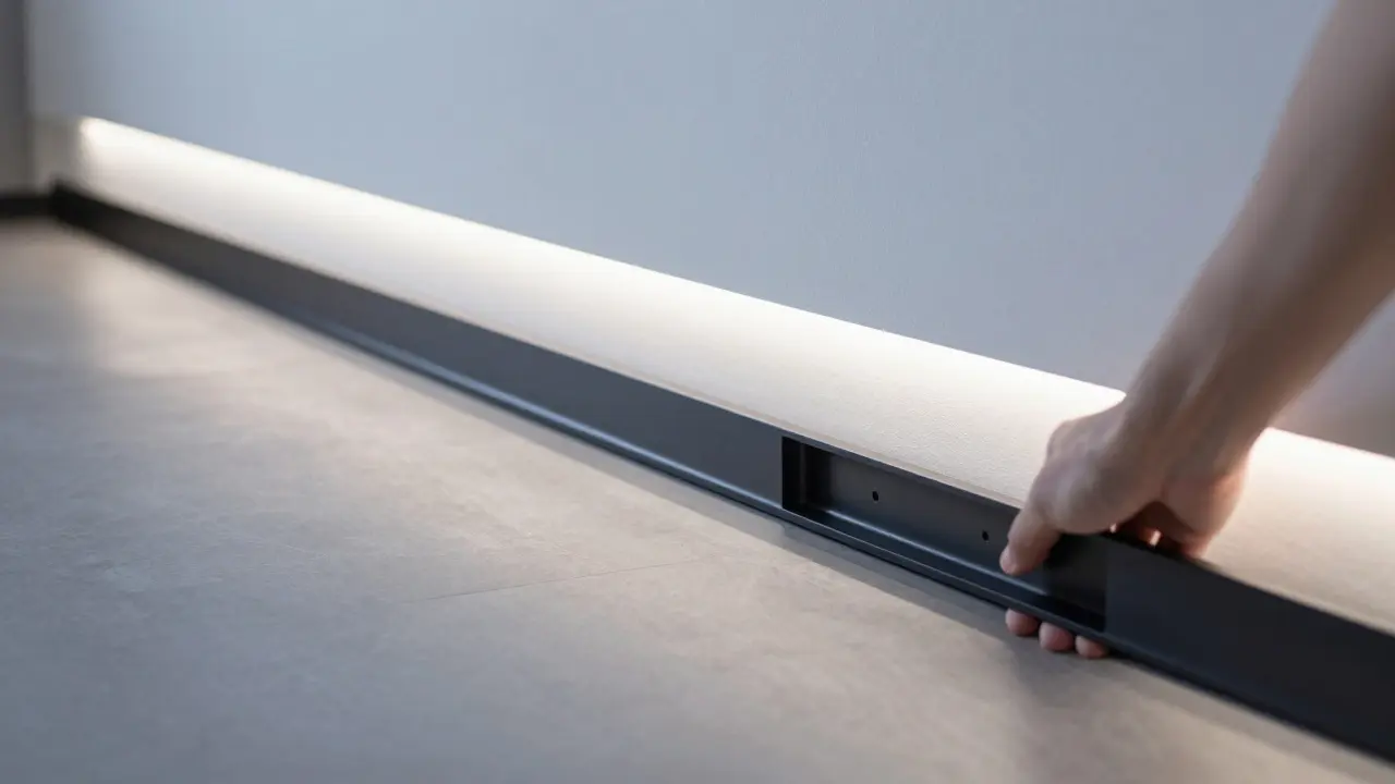 Keramische Sockelleiste mit integrierter LED-Beleuchtung und verstecktem Clip-System.