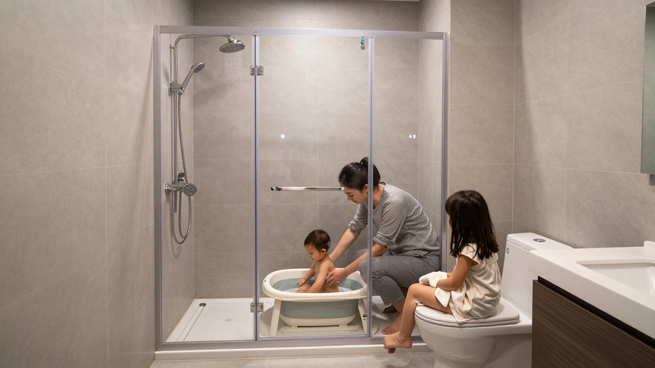 Kompaktes Badezimmer mit Duschkabine und Kind im herausnehmbaren Badeeinsatz, Eltern baden gemeinsam.