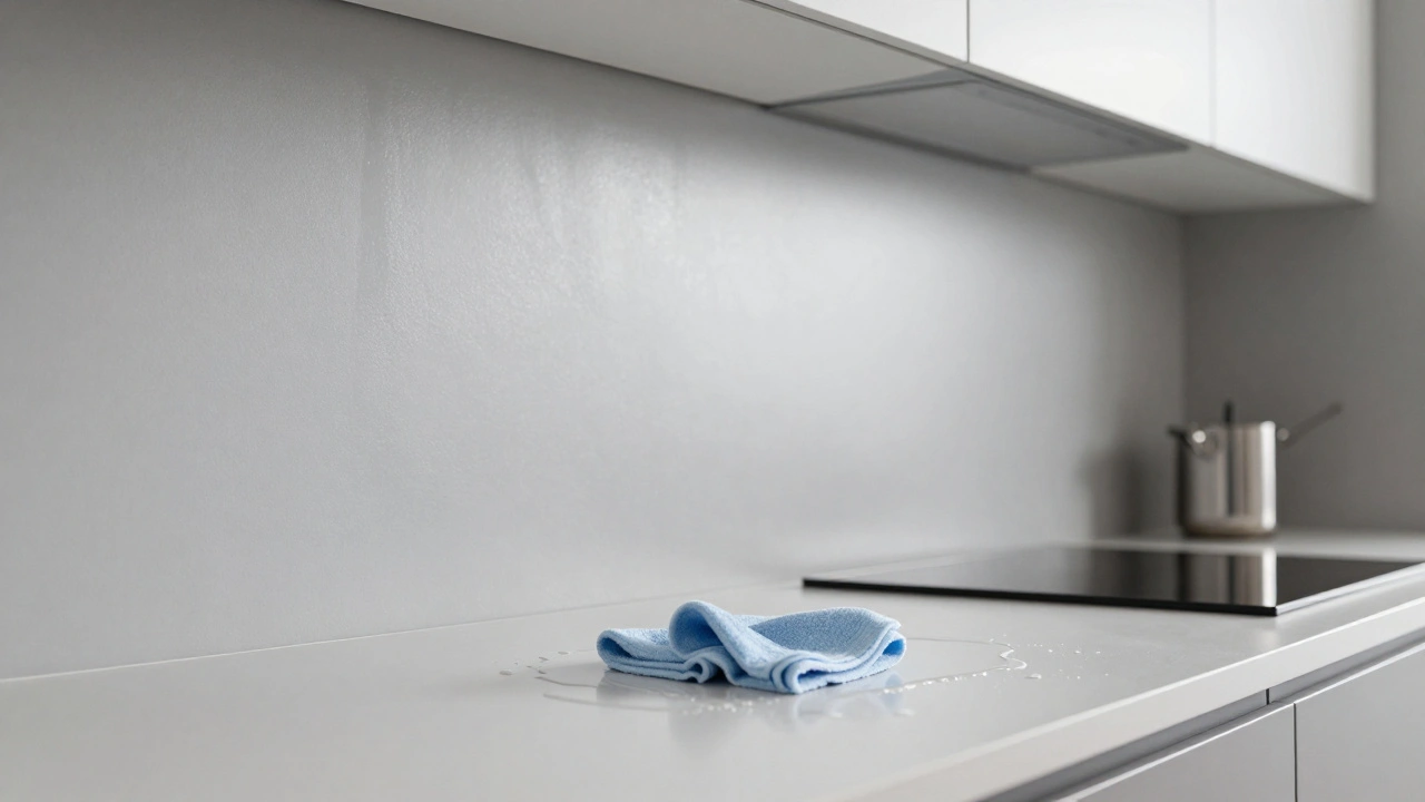 Moderne Küche mit seidenglanzender Wand, die Licht sanft reflektiert und leicht zu reinigen ist, feuchtes Tuch in der Hand.