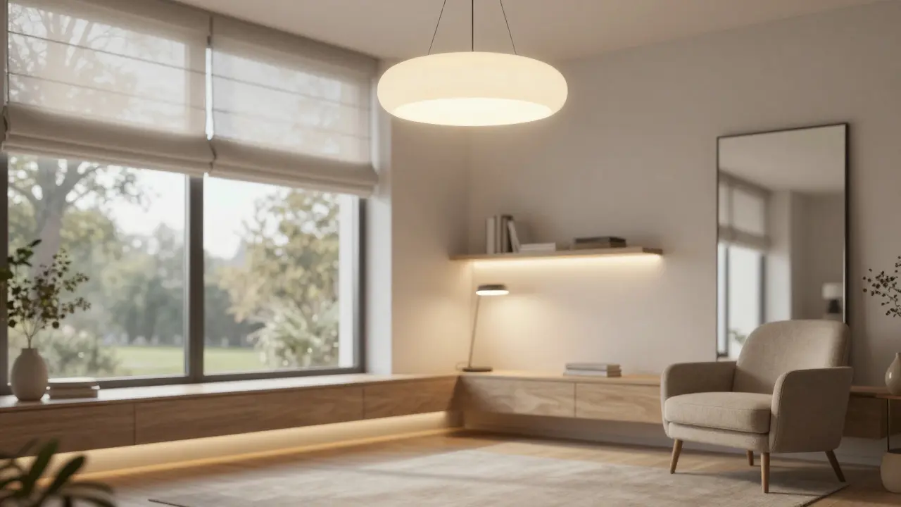 Modernes Wohnzimmer mit drei Lichtebenen: Pendelleuchte, LED-Strip und Leselampe in warmem Licht.