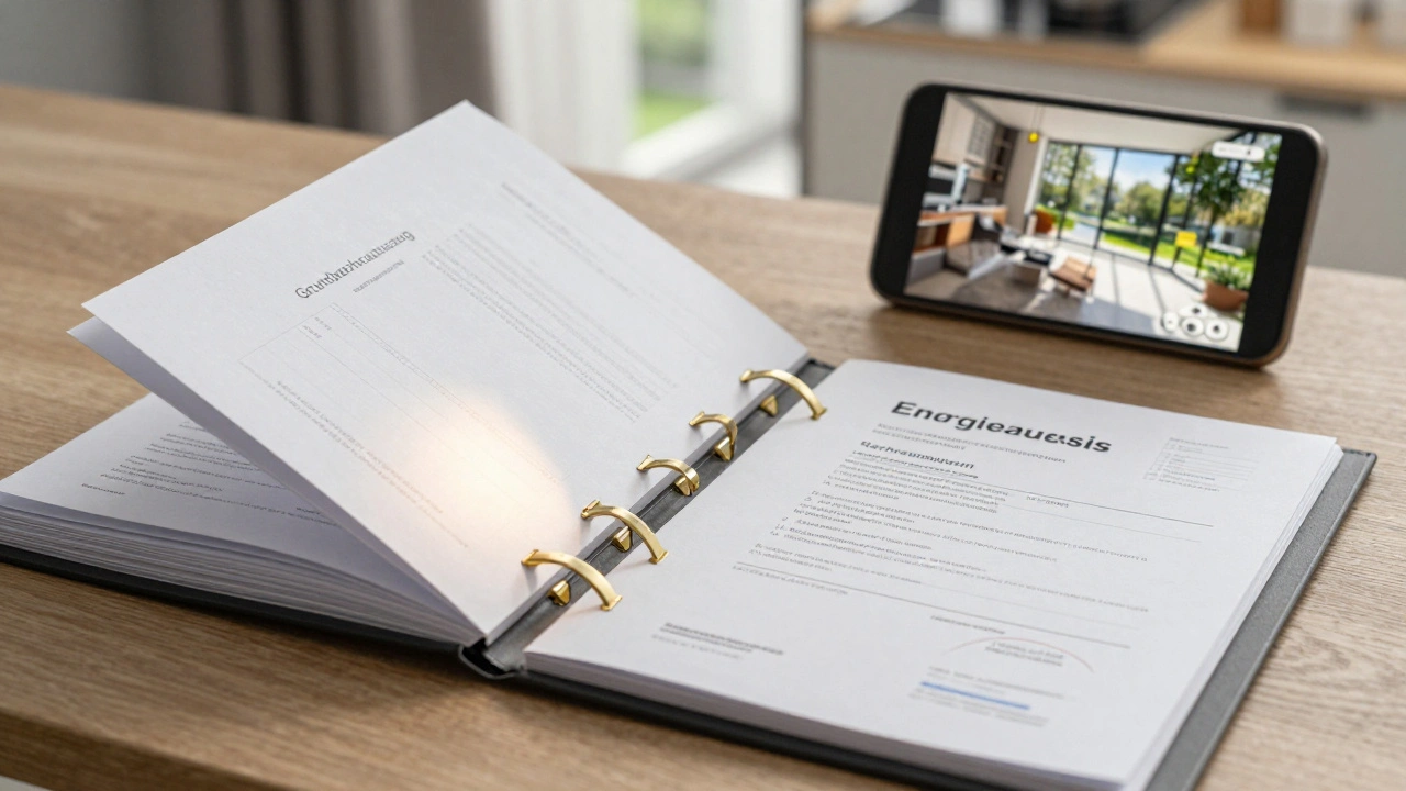 Organisierter Dokumentenordner mit Energieausweis und Rechnungen auf Holztisch