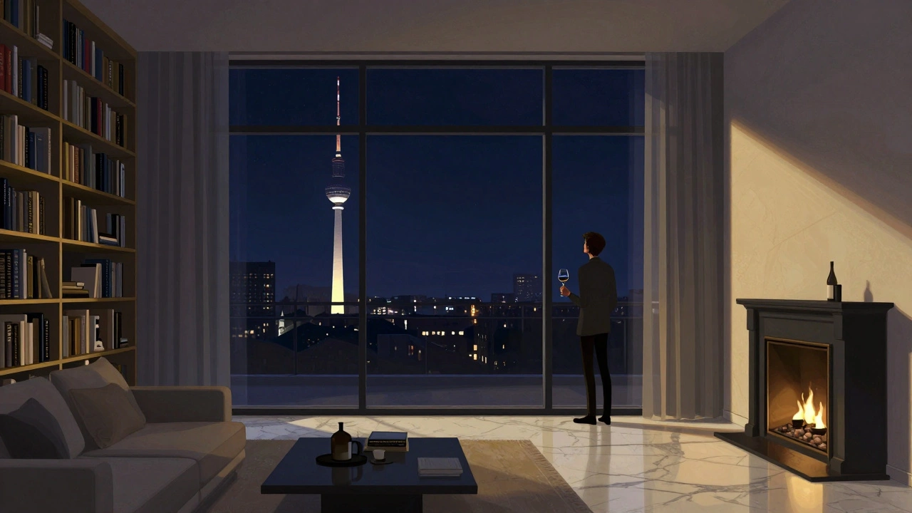 Penthouse in Berlin mit Blick auf den Fernsehturm bei Nacht.