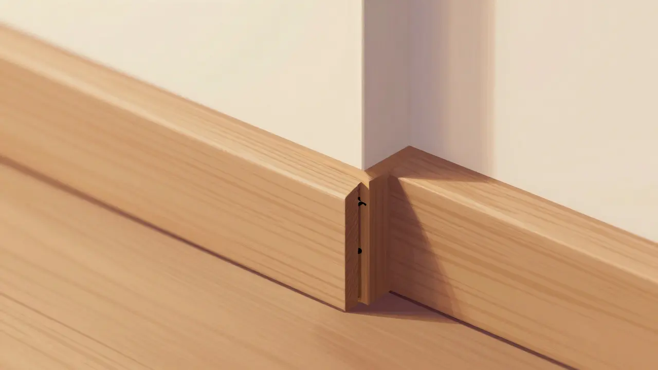 Perfekt verleimte 45-Grad-Ecke zwischen zwei Holzsockelleisten mit kaum sichtbarer Fuge.