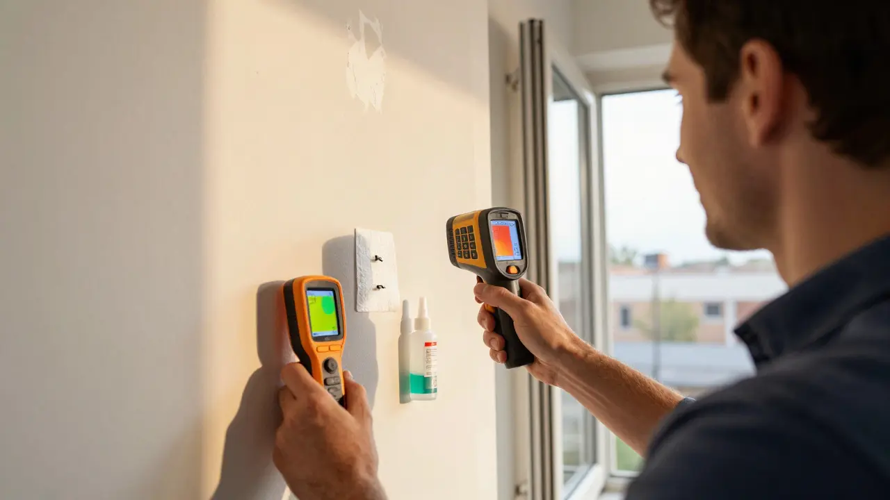 Person mit Wärmebildkamera vor einer Wand, neben ihr Feuchtigkeitsmessgerät und Salzteststäbchen, im Hintergrund frisch verputzte Stelle.