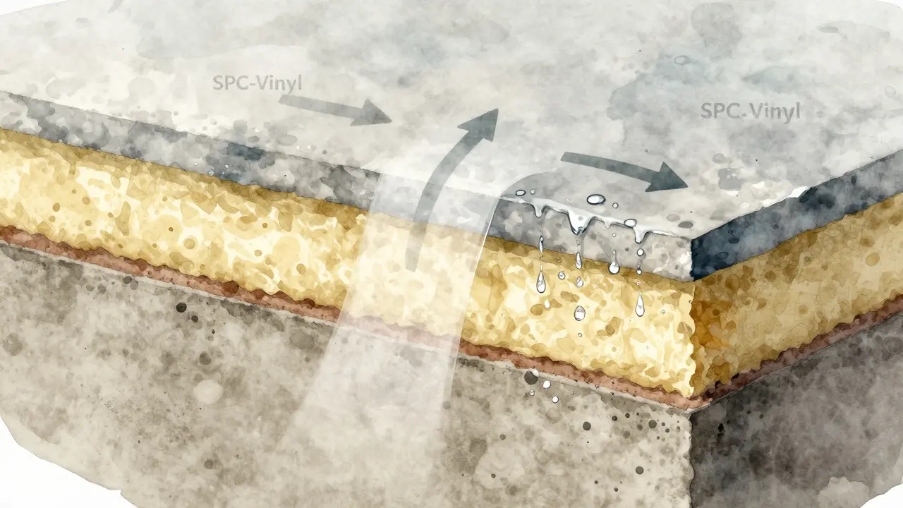 Querschnitt durch einen Kellerboden mit Feuchtigkeitsbarriere, Polystyrol und SPC-Vinyl, Wasser wird abgewiesen.