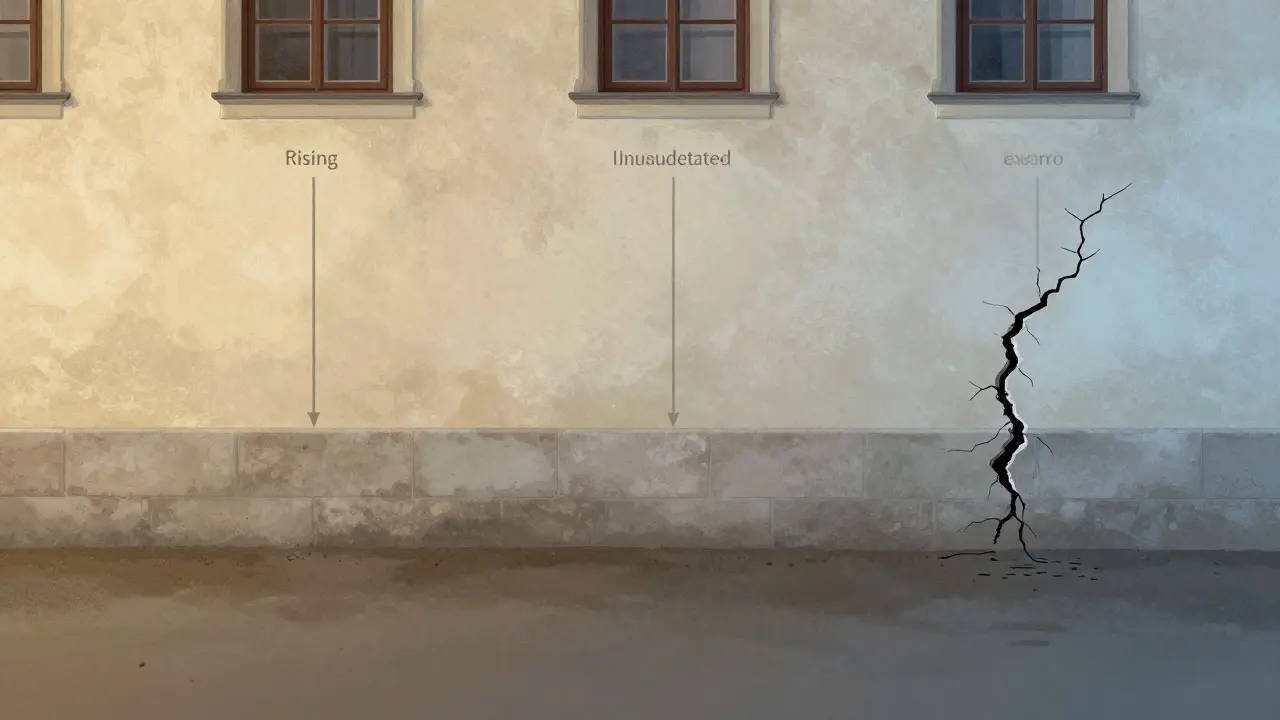 Querschnitt einer Wand mit drei Feuchtigkeitsquellen: aufsteigende Feuchtigkeit, Kondensation und eindringendes Wasser aus einem Riss.