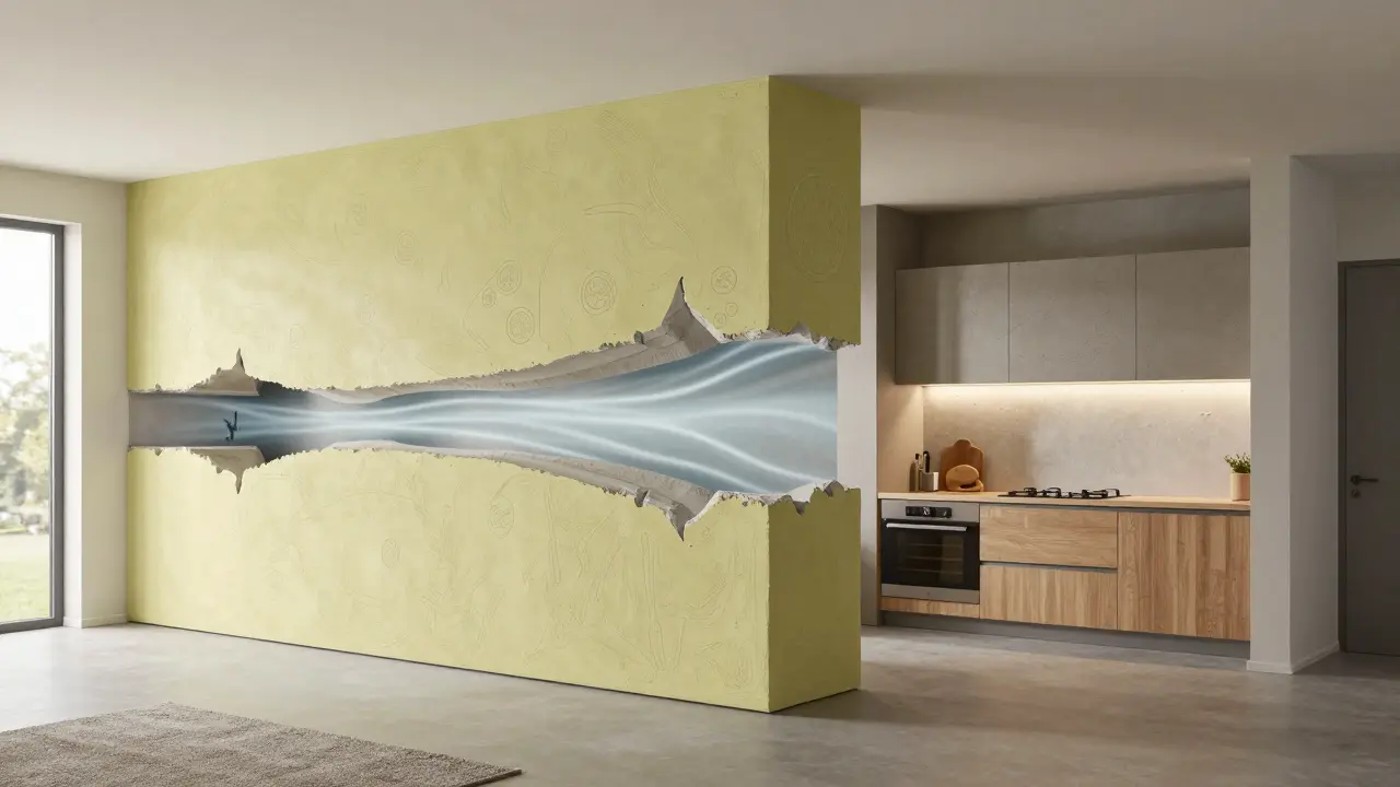 Querschnitt einer Wohnung mit unterschiedlichen Putzarten und Feuchtigkeitsflüssen in verschiedenen Räumen.