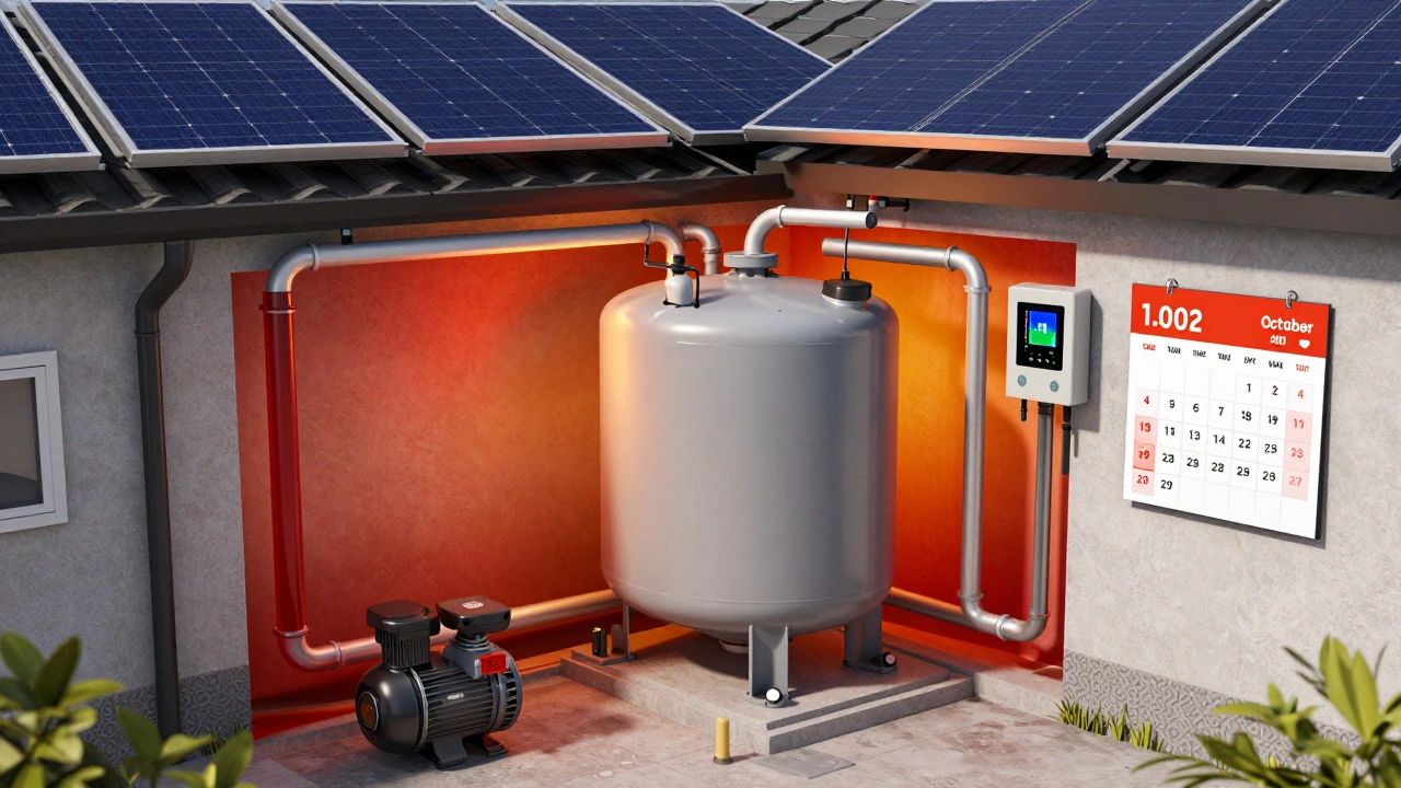 Schnittansicht des Kellers mit Wärmespeicher, Solarrohren und Steuerung, die die Wärmeübertragung aus den Dachkollektoren zeigt.