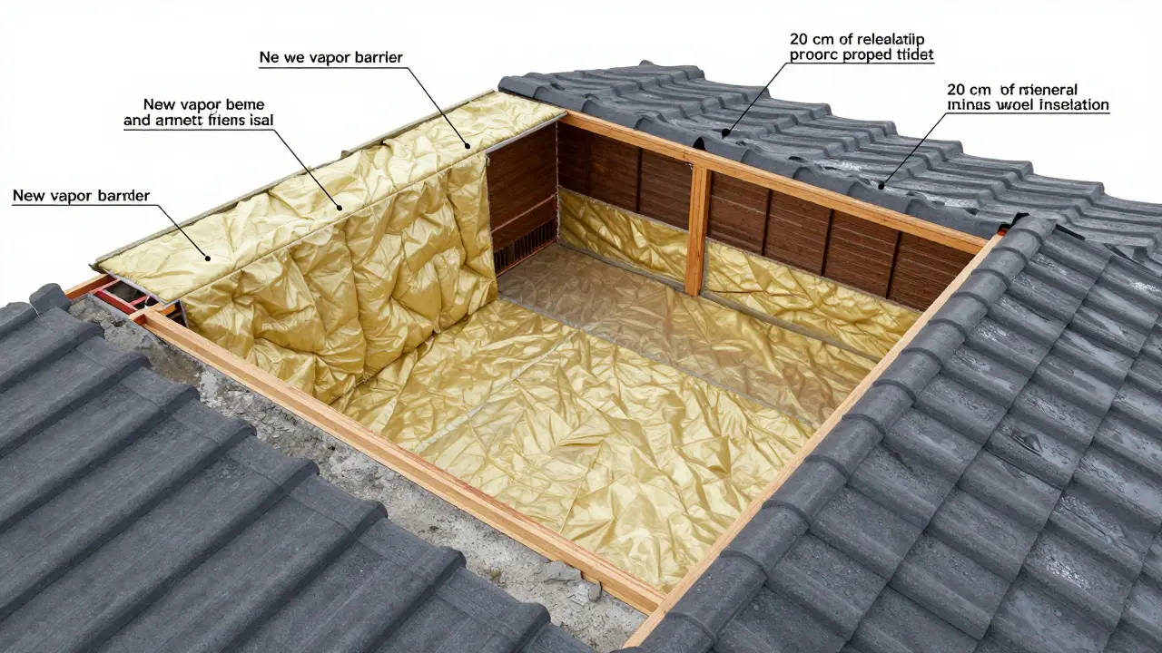 Schnittansicht eines sanierten Daches mit neuen Dämmschichten, Dampfsperre und neuen Ziegeln.