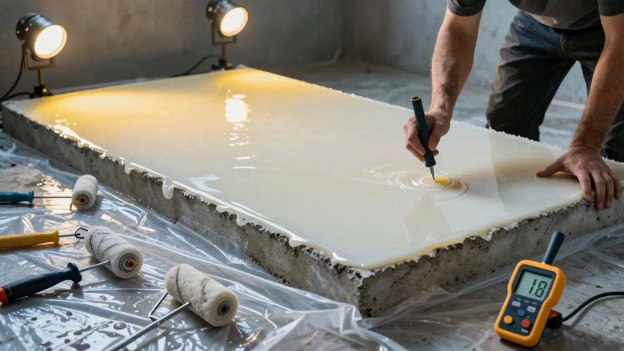 Techniker bringt Epoxidharz auf einen feuchten Kellerboden auf, glatte Oberfläche, Messgerät zeigt niedrige Feuchtigkeit.