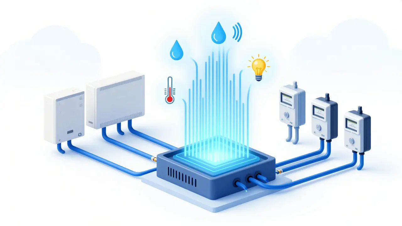 Technisches Diagramm mit Sensoren an Heizung, Wasser und Strom, die Daten an eine Cloud senden.