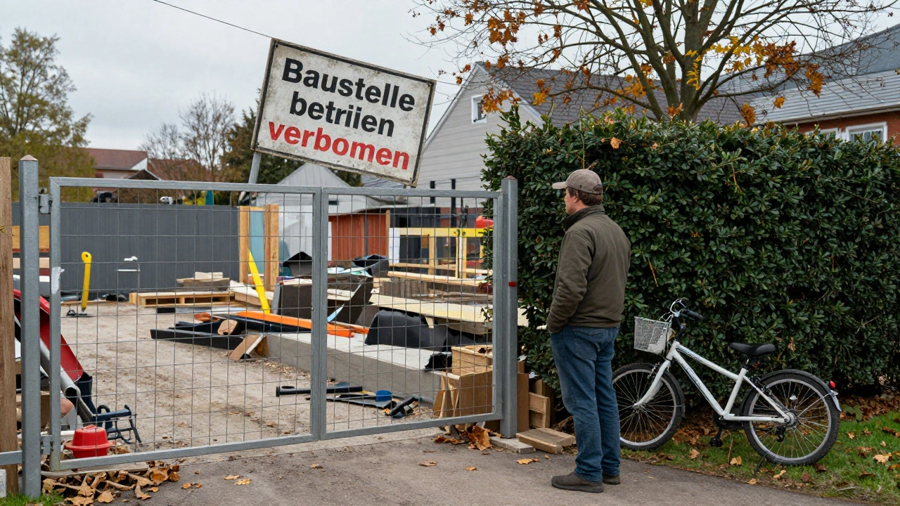Unsichere Baustelle am Wochenende mit offenen Zugang, verstreuten Werkzeugen und einem Kind in der Nähe.